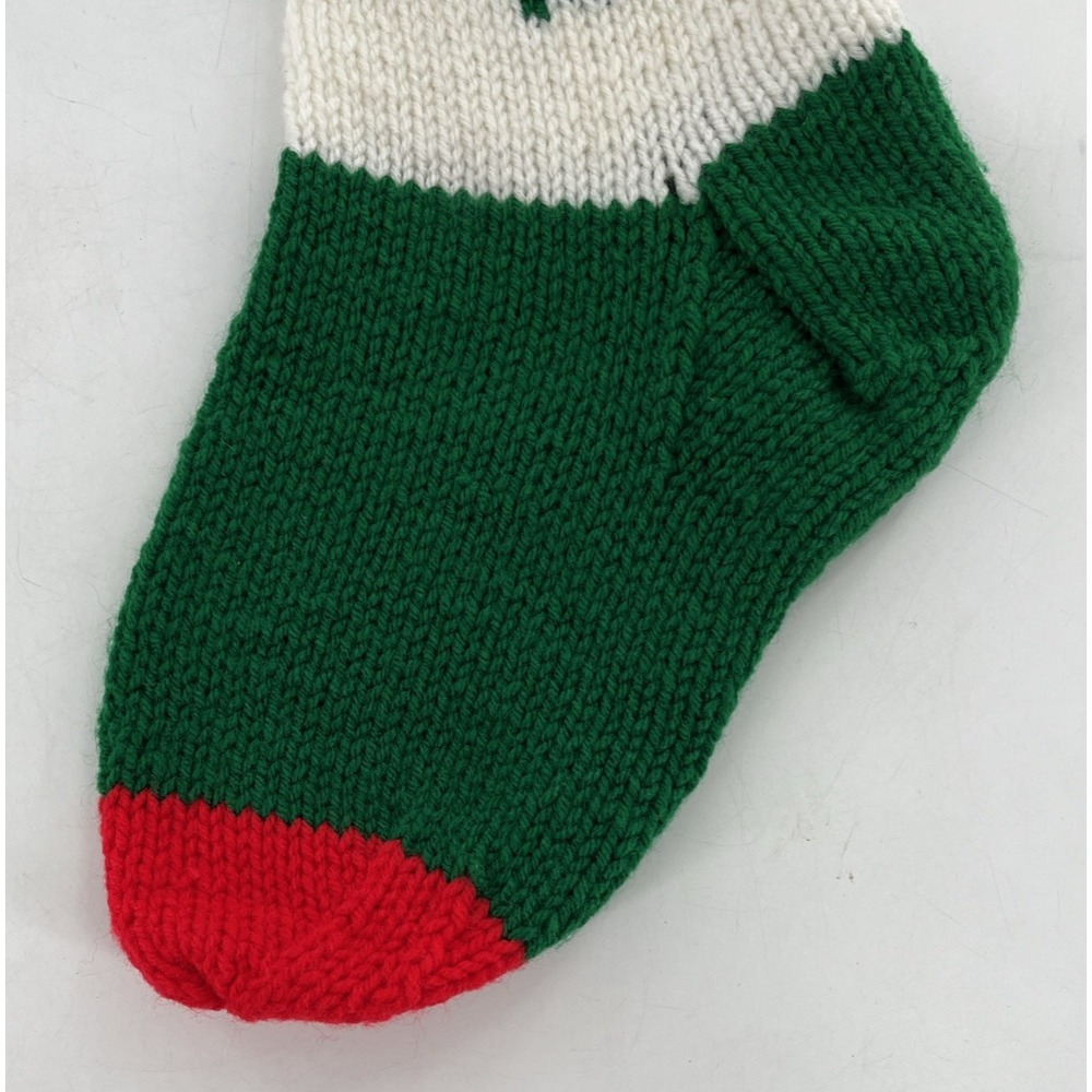 Vintage Hand Knit Christmas Stocking Rudolph Red-Nose Reindeer Green White READ - Picture 7 of 9